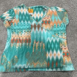 ONE WORLD Vibrant Teal and Orange Blouse
